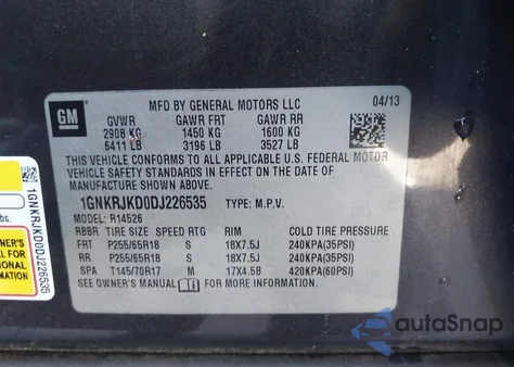 2013 Chevrolet Traverse 2Lt z USA, uszkodzony, nr VIN 1GNKRJKD0DJ226535